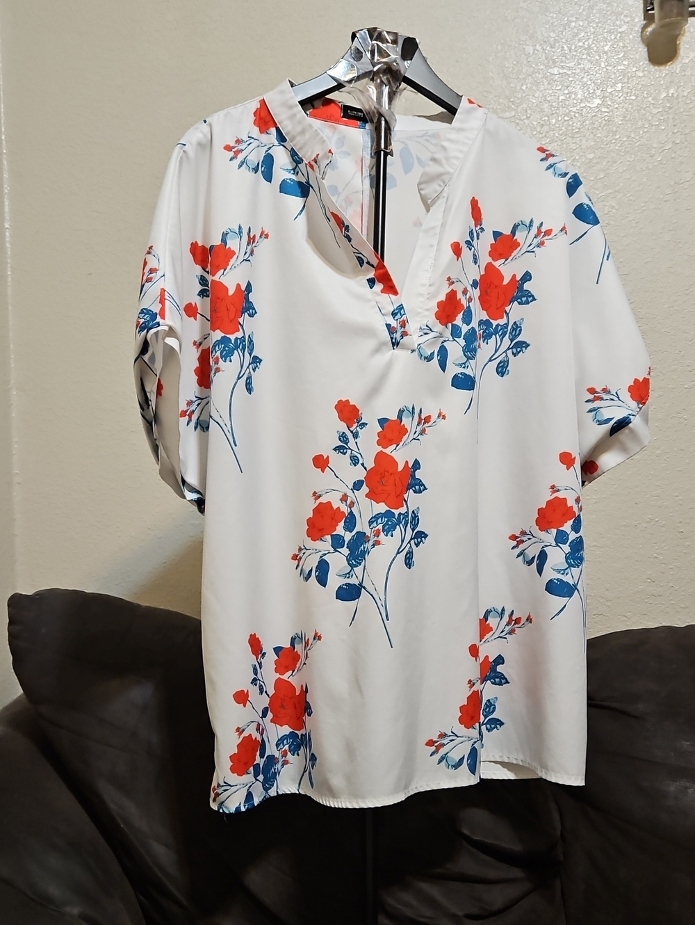 BloomChic White Blouse with Red & Blue Floral Print